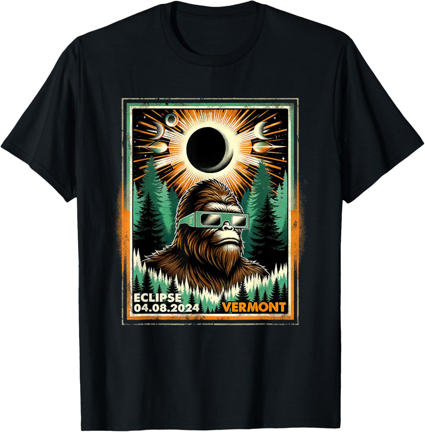 Bigfoot Total Solar Eclipse 2024 Vermont Sasquatch Vintage T-Shirt